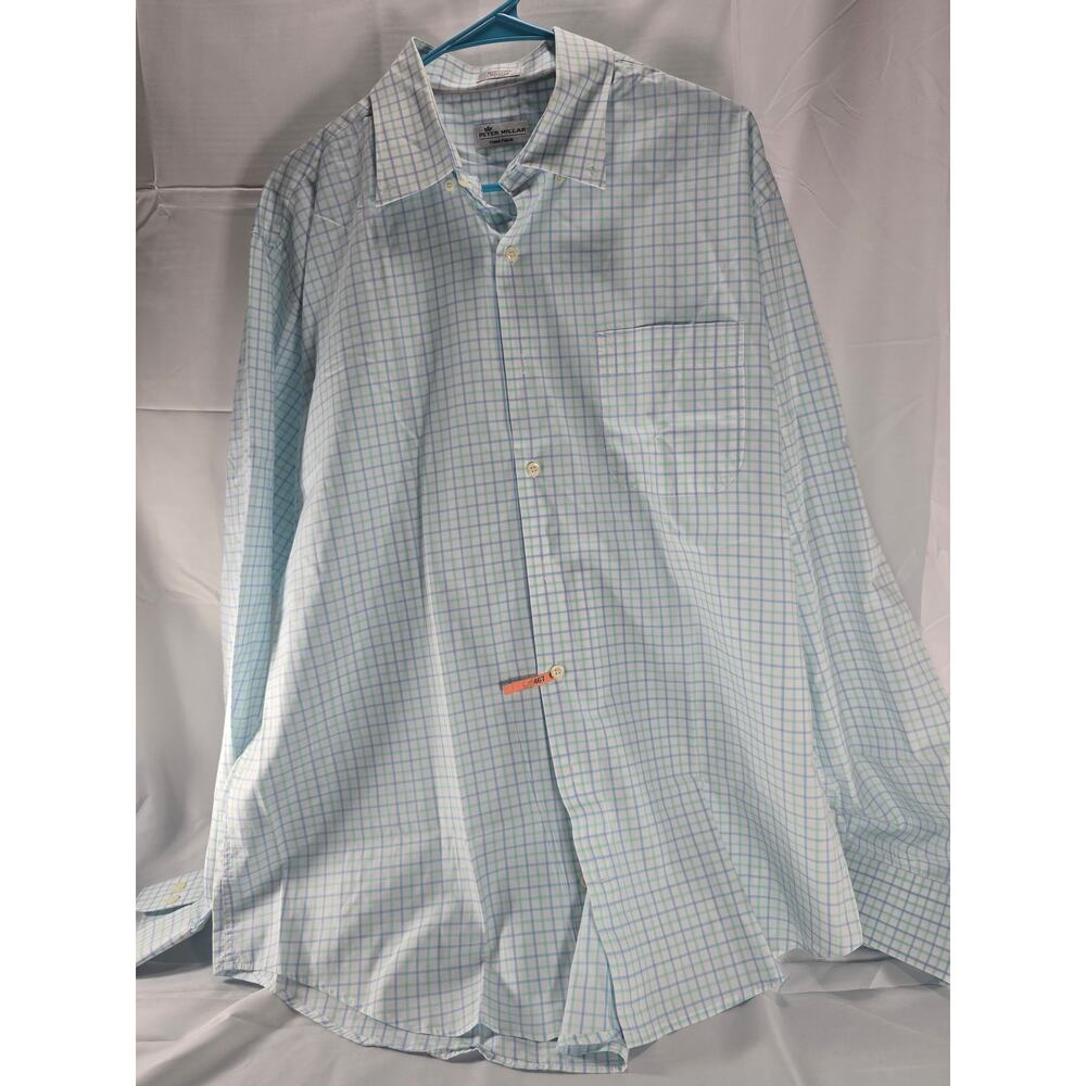 Peter Millar XL Men's Crown Finish Dress Shirt Blue Green Plaid Button Down